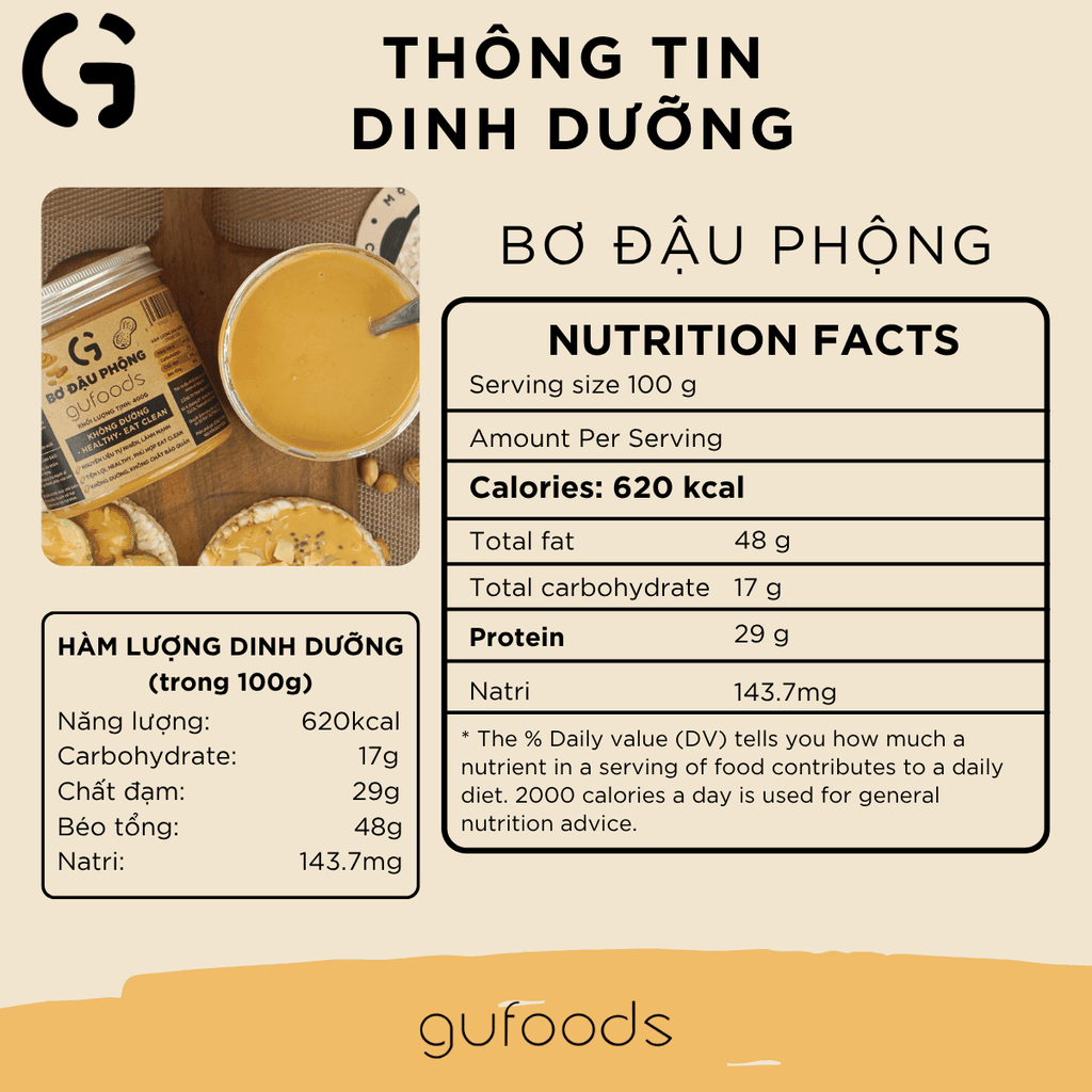 Bơ đậu phộng GUfoods - Không đường, Giàu protein thực vật, Lành mạnh, Eat clean, Healthy, Thuần chay (hũ 400g)