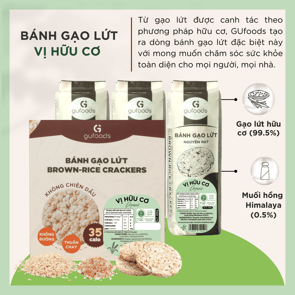 Bánh gạo lứt Hữu cơ GUfoods - Thành phần gạo lứt organic, Không đường, Không chiên dầu, Lành mạnh, Phù hợp Eat clean, Ăn vặt healthy, Thực dưỡng, Tập gym, Thuần chay