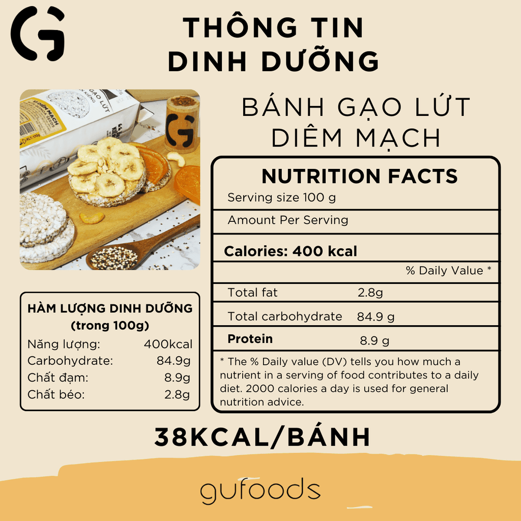 Bánh gạo lứt GUfoods vị Diêm mạch - Không chiên dầu, Không đường, Lành mạnh, Phù hợp Eat clean, Ăn vặt healthy, Thực dưỡng, Tập gym, Thuần chay