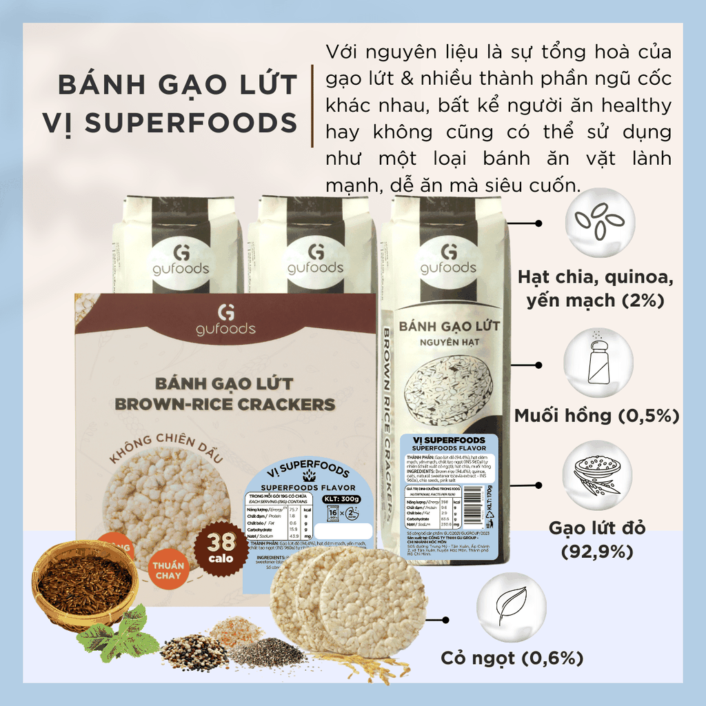 Bánh gạo lứt GUfoods vị Superfoods - Không chiên dầu, Không đường, Từ gạo và ngũ cốc nguyên hạt, Lành mạnh, Phù hợp Eat clean, Ăn vặt healthy, Thực dưỡng, Tập gym, Thuần chay