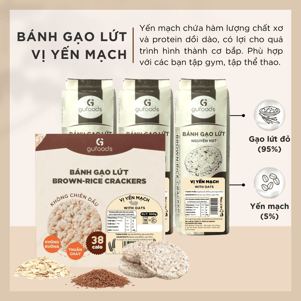 Bánh gạo lứt GUfoods vị Yến mạch - Không chiên dầu, Không đường, Lành mạnh, Phù hợp Eat clean, Ăn vặt healthy, Thực dưỡng, Tập gym, Thuần chay