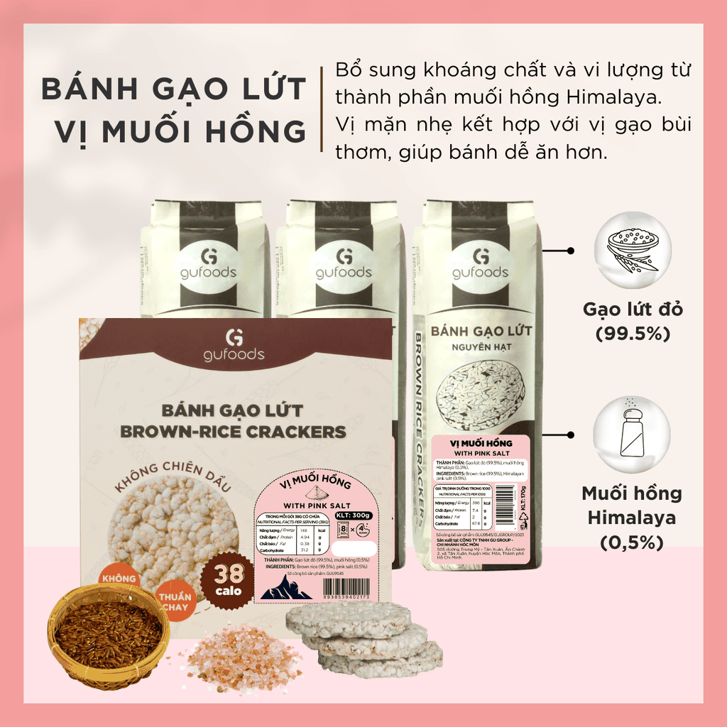 Bánh gạo lứt GUfoods vị Muối hồng -  Không chiên dầu, Không đường, Lành mạnh, Phù hợp Eat clean, Ăn vặt healthy, Thực dưỡng, Tập gym, Thuần chay