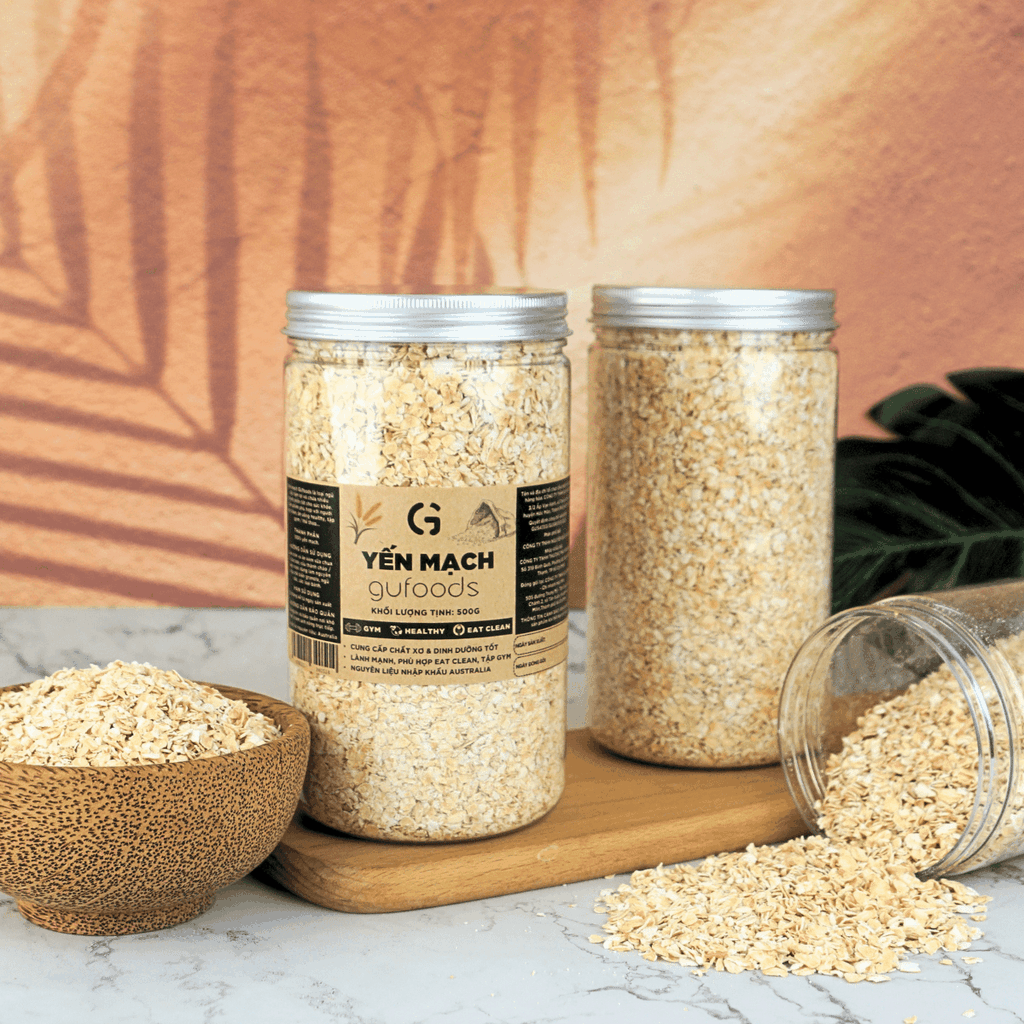 Yến mạch cán vỡ 0.55mm GUfoods (hũ 500g) - Giàu chất xơ & protein thực vật, Tốt cho sức khoẻ, Healthy, Lành mạnh, Tập gym, Eat clean