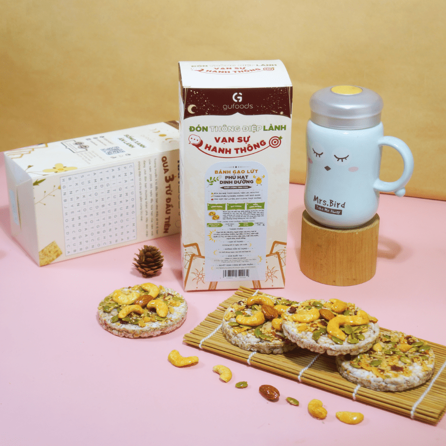 Bánh gạo lứt phủ granola siêu hạt GUfoods (Hộp 170g) - Bữa ăn nhẹ tiện lợi, Giàu dinh dưỡng, Ăn vặt healthy, Nạp nhanh năng lượng, Ăn kiêng, Eat clean, Thuần chay