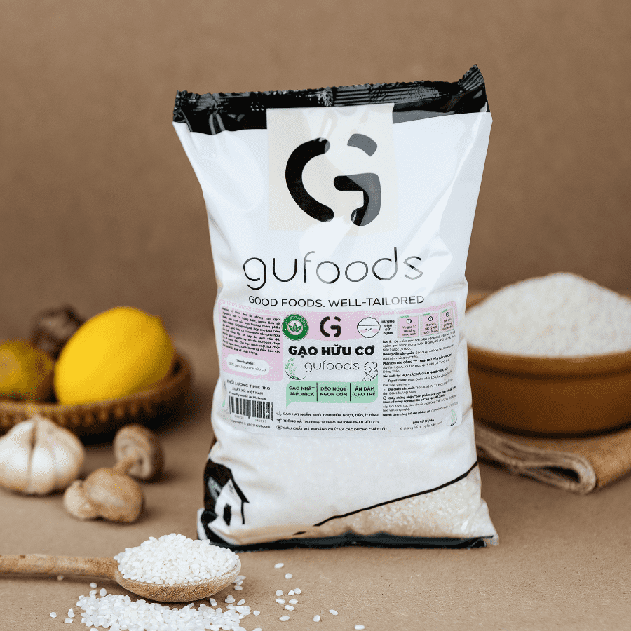 Gạo hữu cơ Japonica GUfoods (túi 1kg) - Ăn dặm cho bé, Làm sushi / cơm cuộn, Dẻo ngọt ngon cơm, Nguyên liệu organic