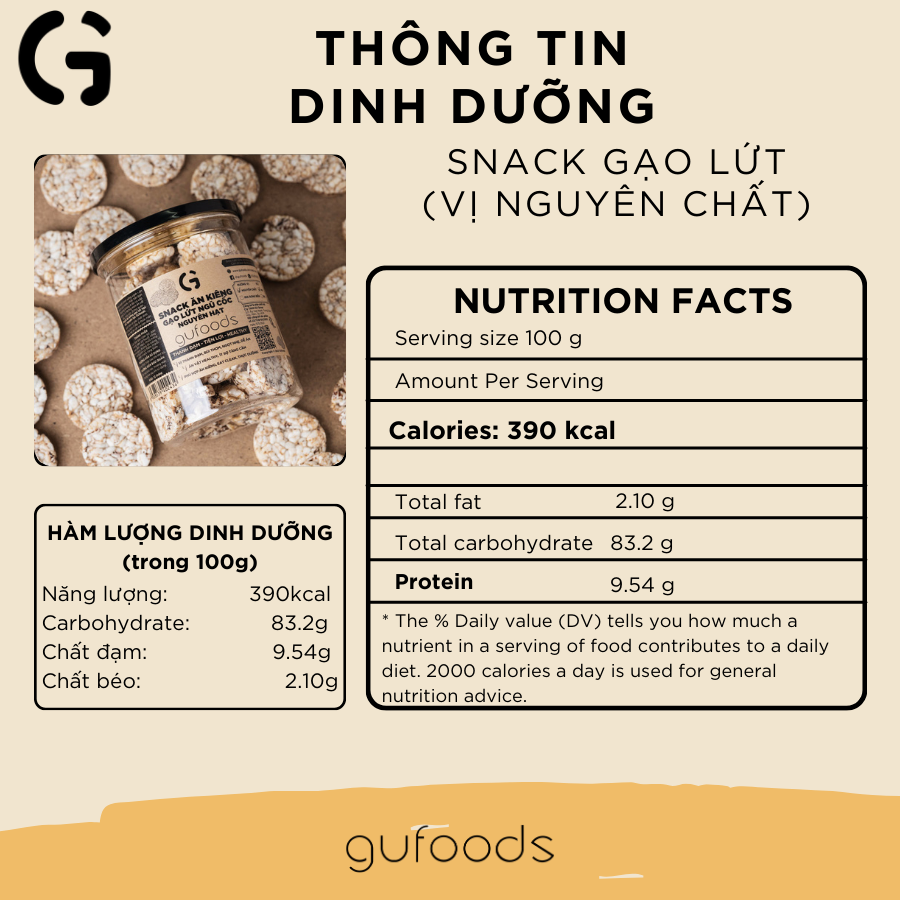 Snack ăn kiêng gạo lứt ngũ cốc nguyên hạt GUfoods - Vị nguyên chất (Hũ 80g) - Thanh đạm, Tiện lợi, Phù hợp Eat clean