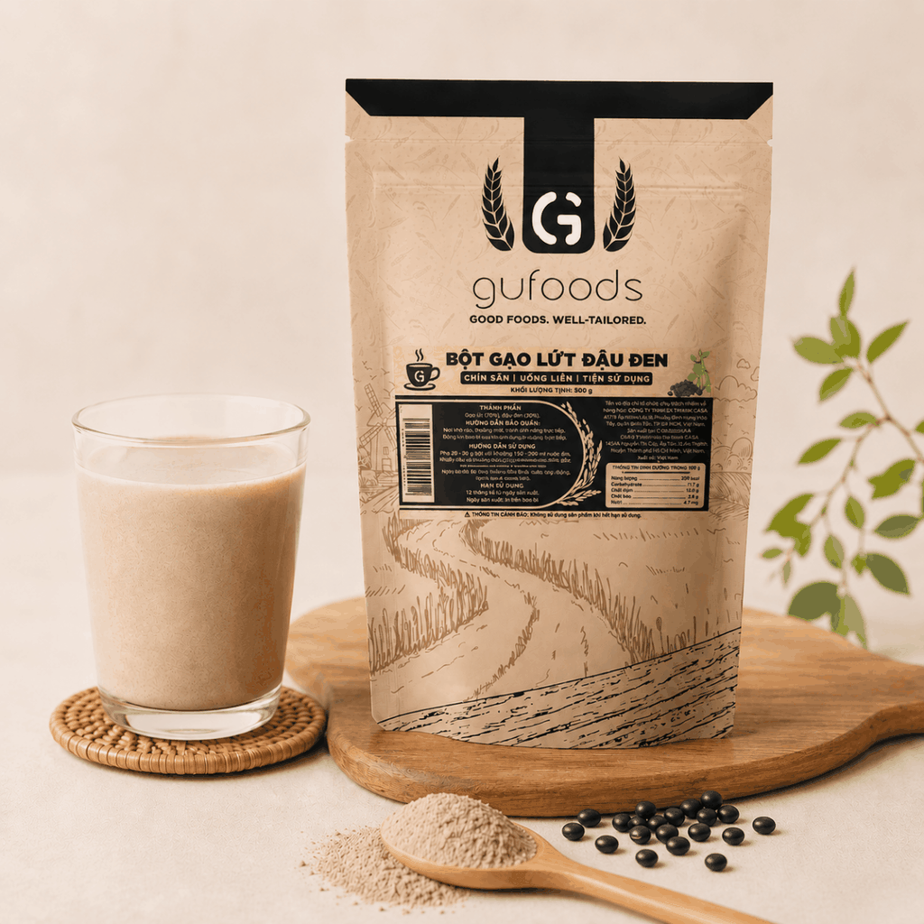 Bột gạo lứt đậu đen GUfoods - Chín sẵn, Uống liền, Dễ tiêu hoá, Healthy, Tiện lợi, Phù hợp Eat clean, Thực dưỡng, Thuần chay (túi zip 500g)