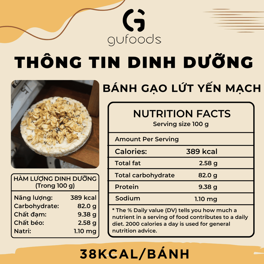 [BỔ SUNG MUỐI HỒNG] Bánh gạo lứt GUfoods vị Yến mạch - Thơm bùi tự nhiên, Giàu chất xơ, Không chiên dầu, Không đường, Lành mạnh, Phù hợp Eat clean, Tập gym, Ăn vặt healthy, Thực dưỡng, Thuần chay
