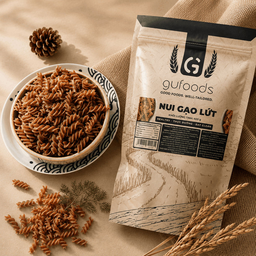 Nui gạo lứt GUfoods - Dai ngon tự nhiên, Healthy, Eat clean, Thực dưỡng, Lành mạnh, Thuần chay (túi zip 400g)