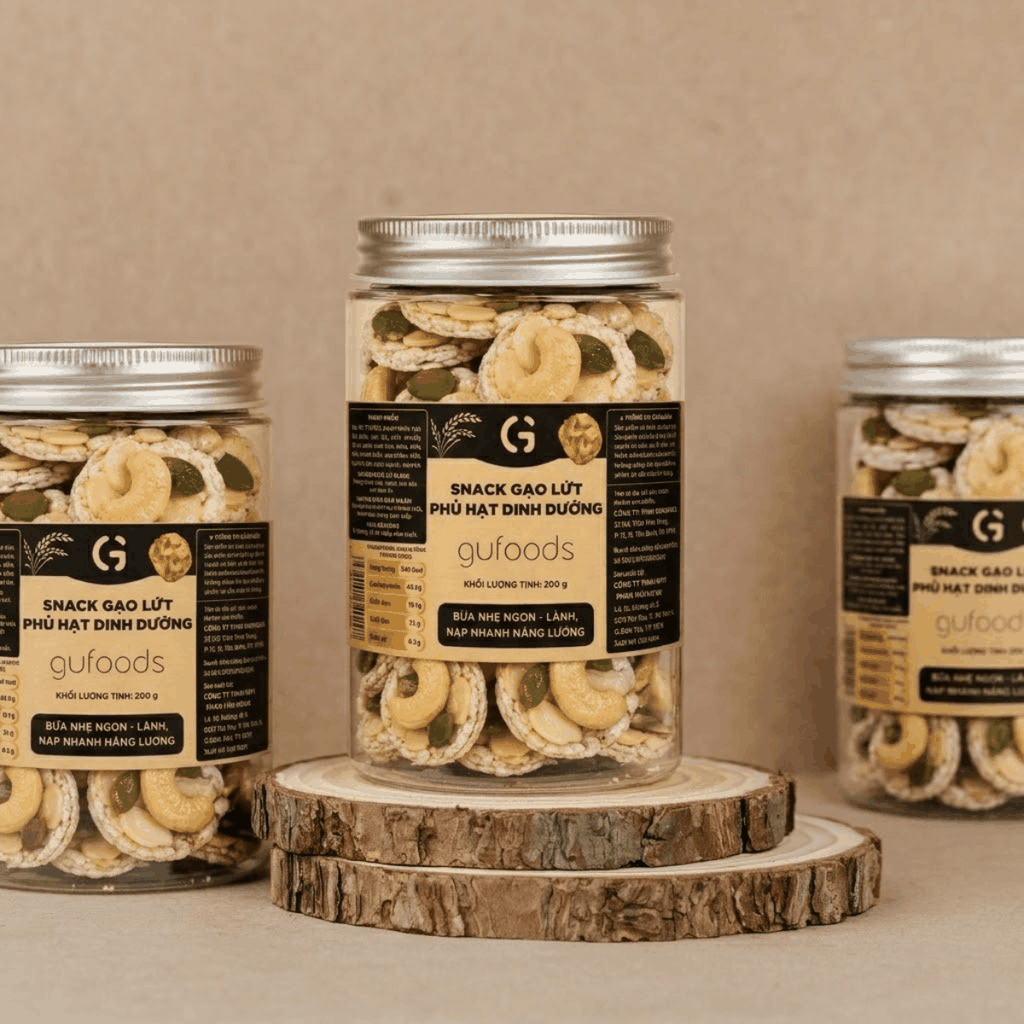 Snack gạo lứt phủ granola siêu hạt GUfoods - Bữa ăn nhẹ tiện lợi, Giàu dinh dưỡng, Ăn vặt healthy, Eat clean, Thuần chay (hũ 200g)