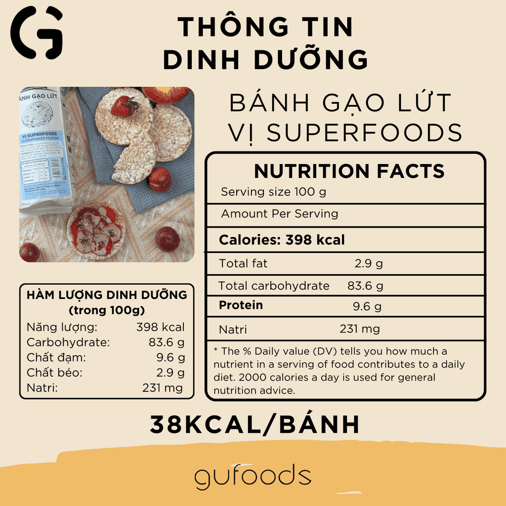 Bánh gạo lứt GUfoods vị Superfoods - Không chiên dầu, Không đường, Từ gạo và ngũ cốc nguyên hạt, Lành mạnh, Phù hợp Eat clean, Ăn vặt healthy, Thực dưỡng, Tập gym, Thuần chay
