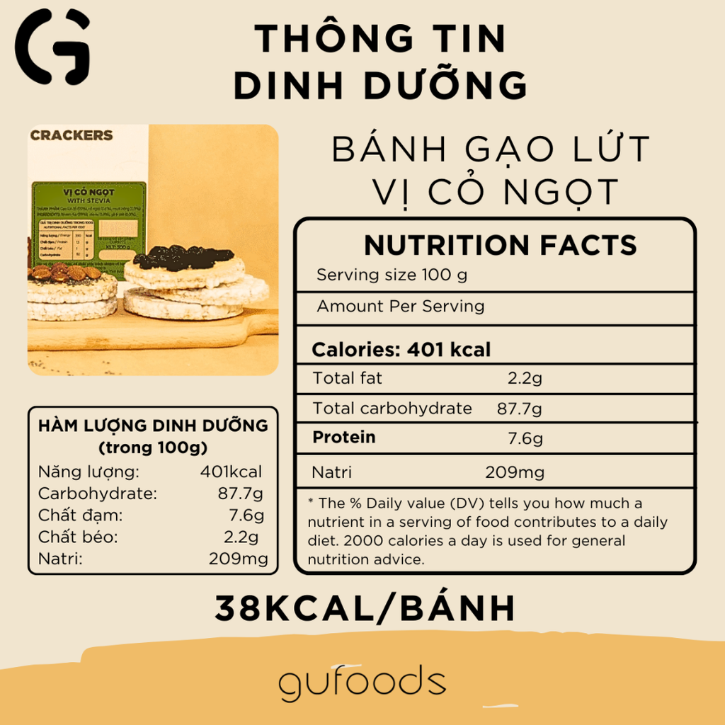 Bánh gạo lứt GUfoods vị Cỏ ngọt - Không chiên dầu, Không đường, Lành mạnh, Phù hợp Eat clean, Ăn vặt healthy, Thực dưỡng, Tập gym, Thuần chay