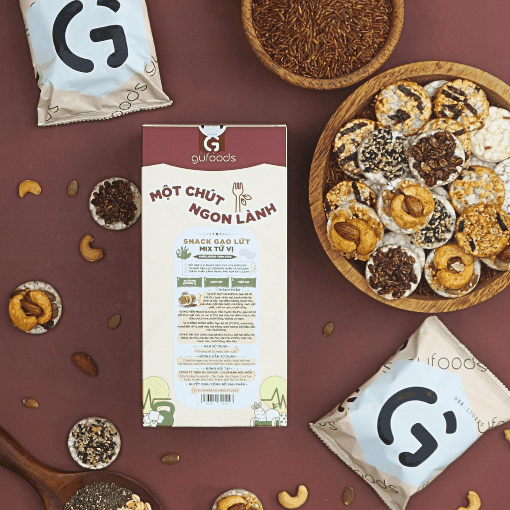 Snack gạo lứt healthy mix tứ vị GUfoods - Hội tụ 4 vị snack ngon, Nạp nhanh năng lượng, Tiện lợi, Eat clean, Thuần chay