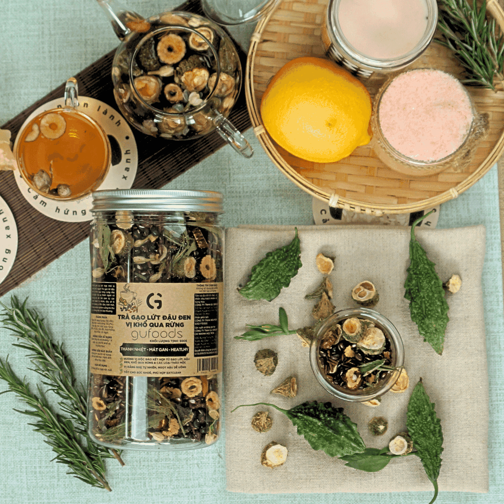 Trà gạo lứt đậu đen GUfoods vị Khổ qua rừng (Mướp đắng rừng) (hũ 500g) - Hương vị độc đáo, Giải nhiệt hiệu quả, Healthy, Eat clean