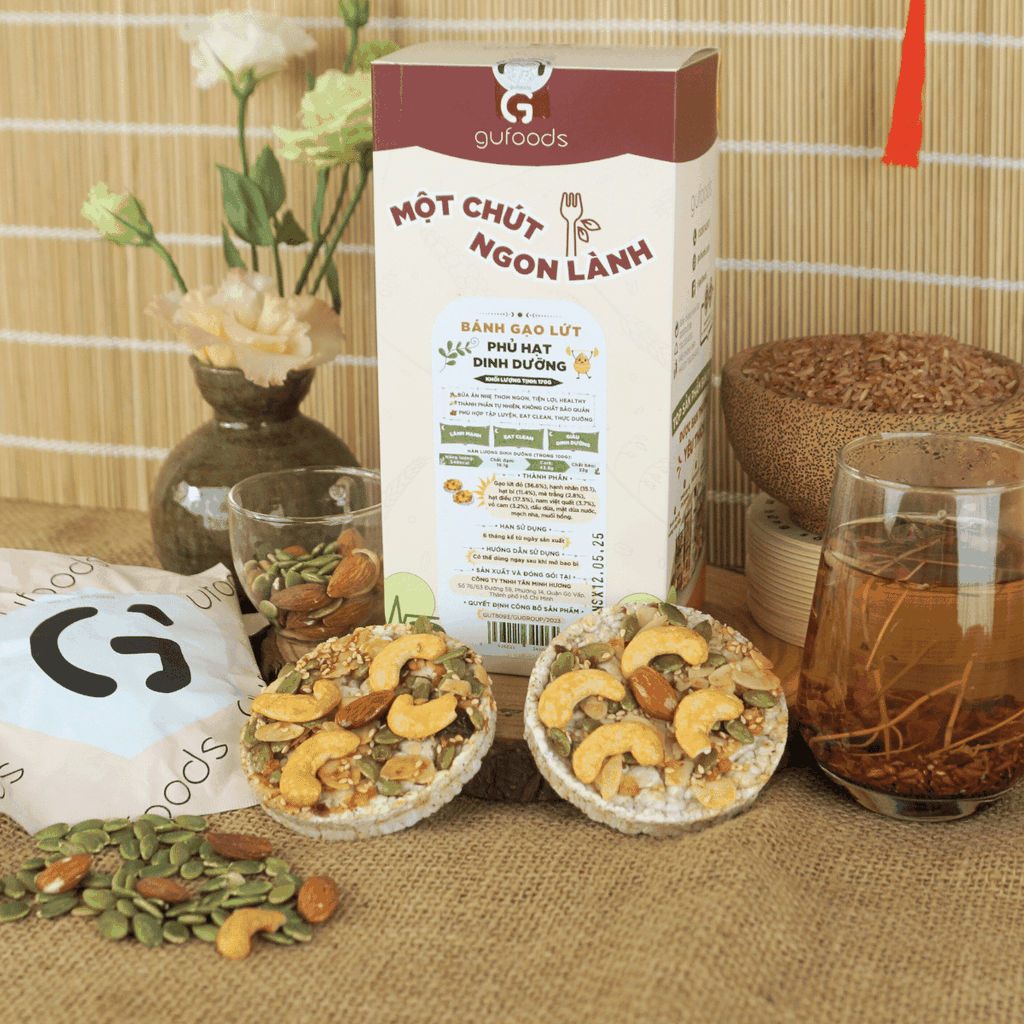 Bánh gạo lứt phủ granola siêu hạt GUfoods (Hộp 170g) - Bữa ăn nhẹ tiện lợi, Giàu dinh dưỡng, Ăn vặt healthy, Nạp nhanh năng lượng, Ăn kiêng, Eat clean, Thuần chay
