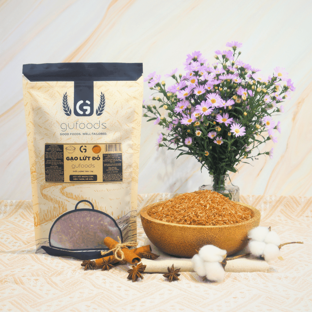 Gạo lứt đỏ GUfoods (túi 1kg) - Xát dối, Mềm xốp ngon cơm, Healthy, Thực dưỡng, Eat clean