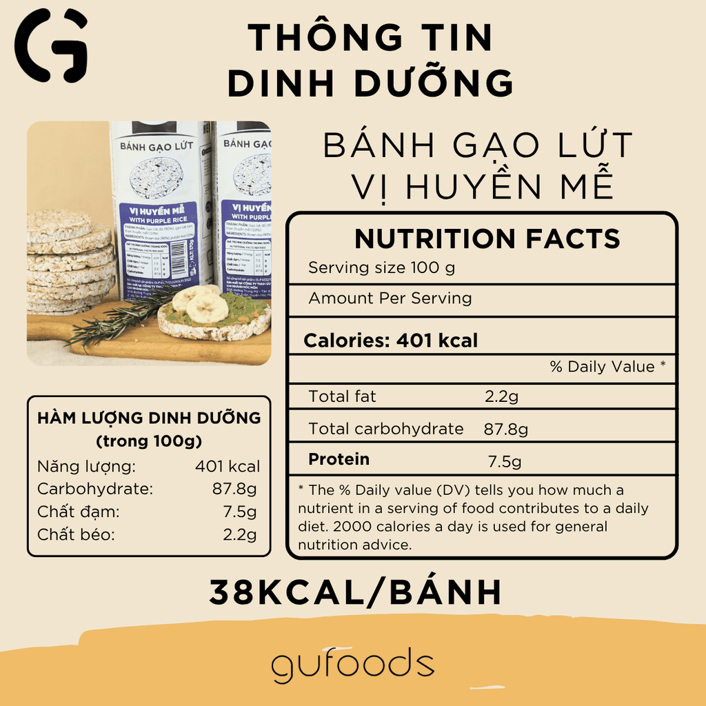 Bánh gạo lứt GUfoods vị Huyền mễ - Không chiên dầu, Không đường, Lành mạnh, Phù hợp Eat clean, Ăn vặt healthy, Thực dưỡng, Tập gym, Thuần chay