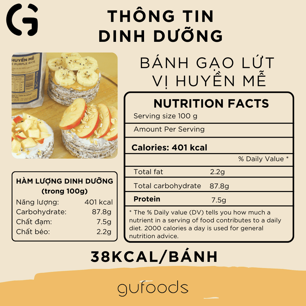 Bánh gạo lứt GUfoods vị Huyền mễ - Không chiên dầu, Không đường, Lành mạnh, Phù hợp Eat clean, Ăn vặt healthy, Thực dưỡng, Tập gym, Thuần chay