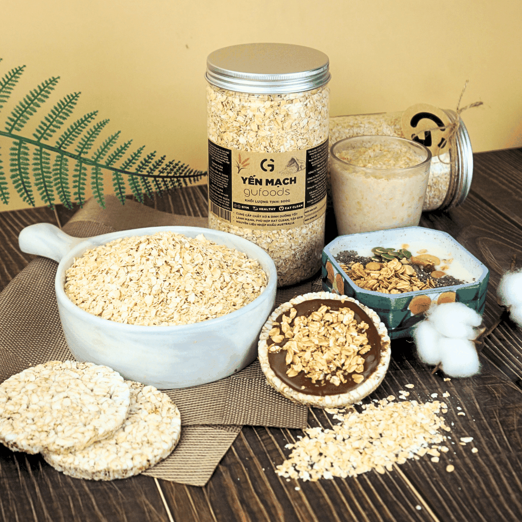 Yến mạch cán vỡ 0.55mm GUfoods (hũ 500g) - Giàu chất xơ & protein thực vật, Tốt cho sức khoẻ, Healthy, Lành mạnh, Tập gym, Eat clean