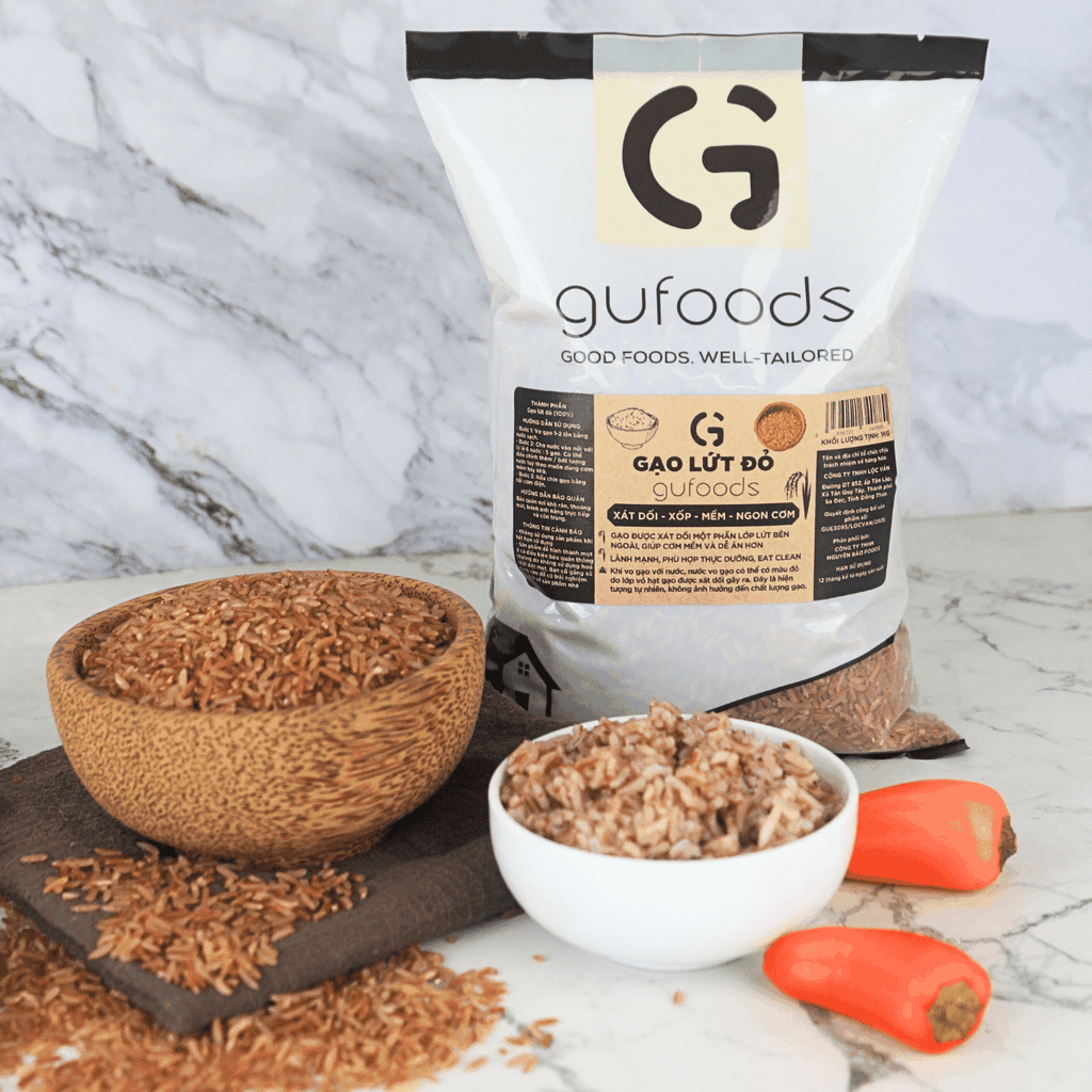 Gạo lứt đỏ GUfoods (túi 1kg) - Xát dối, Mềm xốp ngon cơm, Healthy, Thực dưỡng, Eat clean