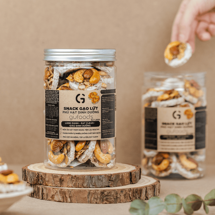 Snack gạo lứt phủ granola siêu hạt GUfoods (Hũ 200g) - Bữa ăn nhẹ tiện lợi, Giàu dinh dưỡng, Ăn vặt healthy, Hỗ trợ giảm cân, Ăn kiêng, Eat clean, Thuần chay