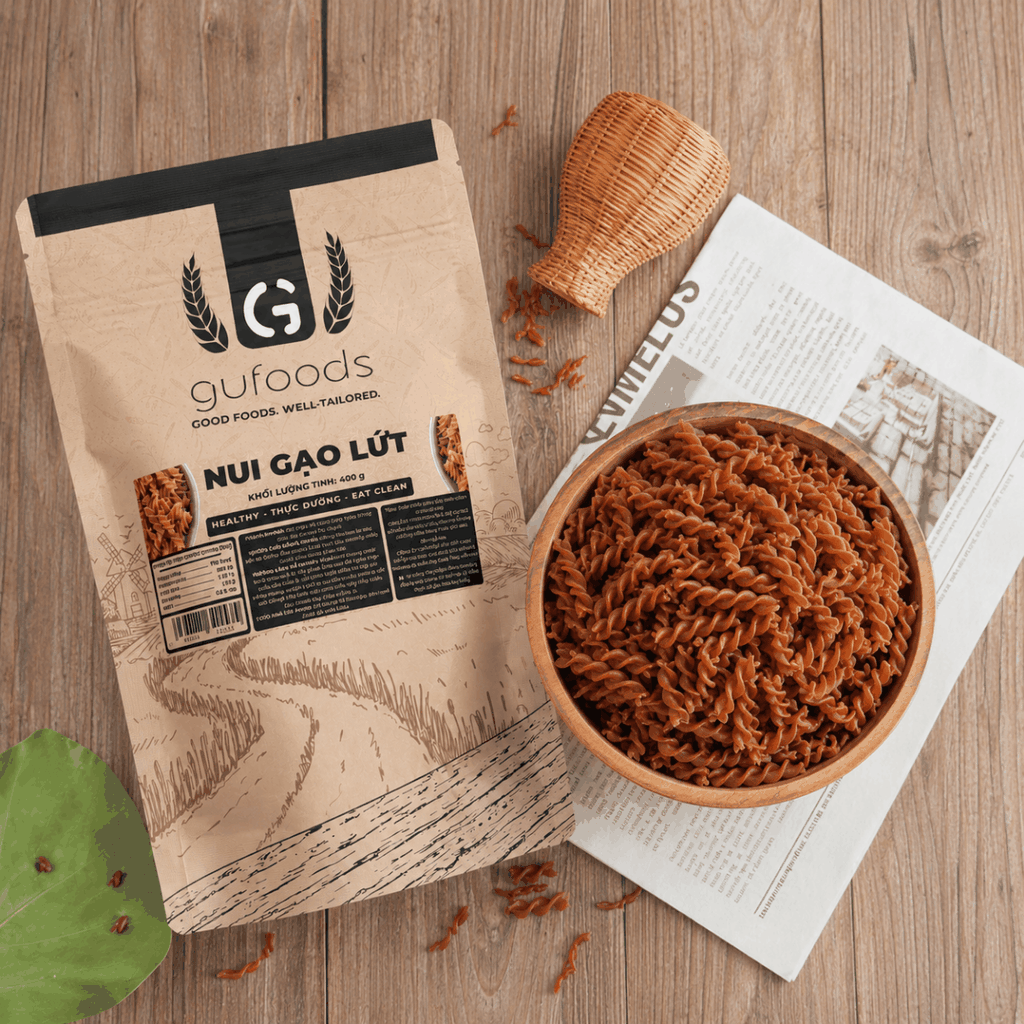 Nui gạo lứt GUfoods - Dai ngon tự nhiên, Healthy, Eat clean, Thực dưỡng, Lành mạnh, Thuần chay (túi zip 400g)