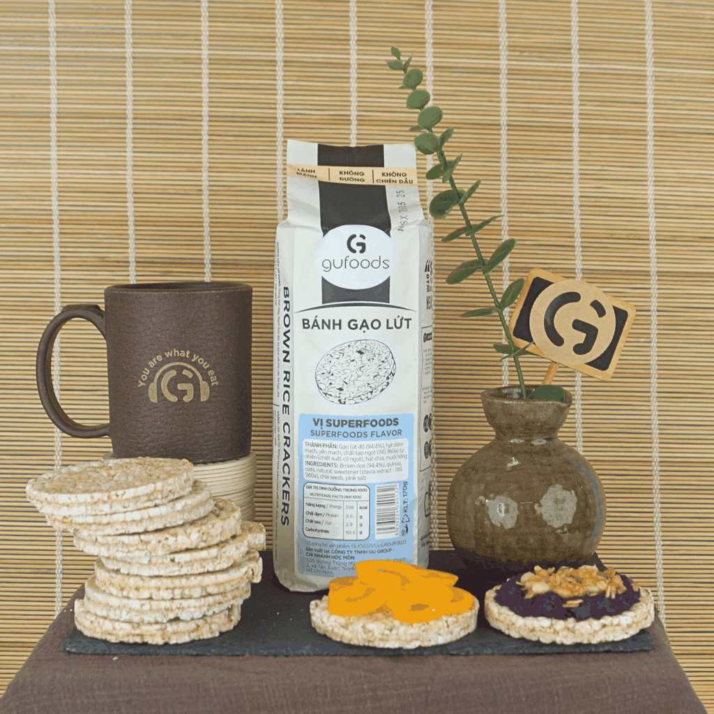 Bánh gạo lứt GUfoods vị Superfoods - Không chiên dầu, Không đường, Từ gạo và ngũ cốc nguyên hạt, Lành mạnh, Phù hợp Eat clean, Ăn vặt healthy, Thực dưỡng, Tập gym, Thuần chay