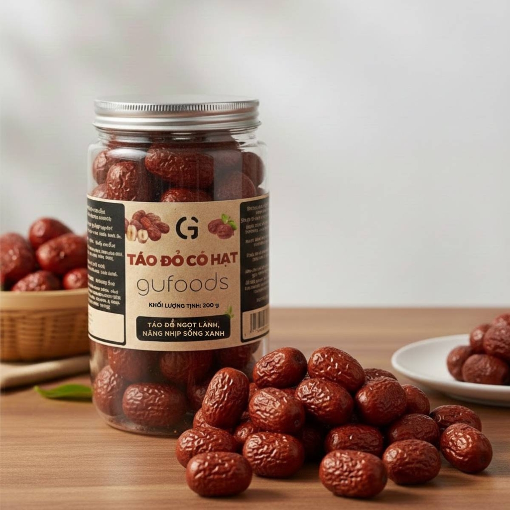 Táo đỏ nguyên hạt GUfoods - Dẻo ngọt tự nhiên, Giàu chất xơ, Hỗ trợ thư giãn tinh thần, Cải thiện giấc ngủ, Healthy, Eat clean (hũ 200g)