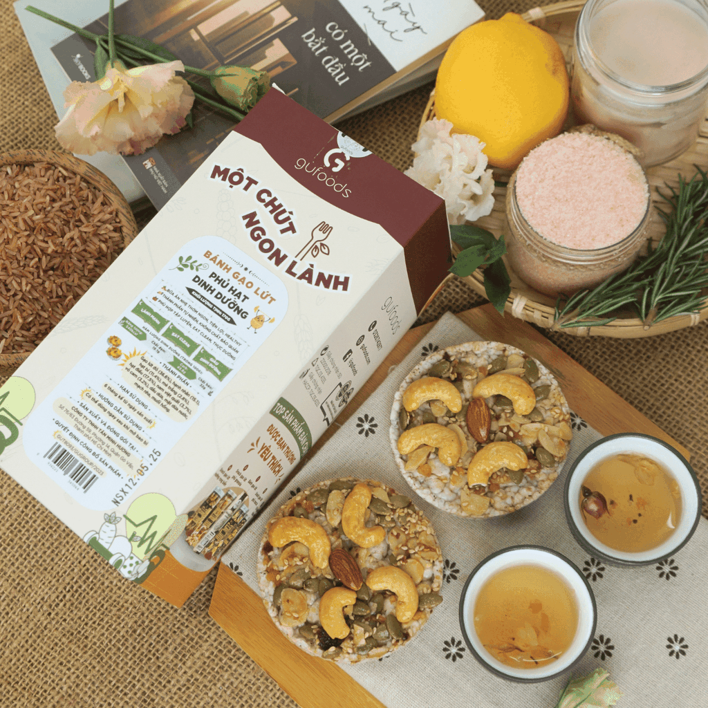 Bánh gạo lứt phủ granola siêu hạt GUfoods (Hộp 170g) - Bữa ăn nhẹ tiện lợi, Giàu dinh dưỡng, Ăn vặt healthy, Nạp nhanh năng lượng, Ăn kiêng, Eat clean, Thuần chay