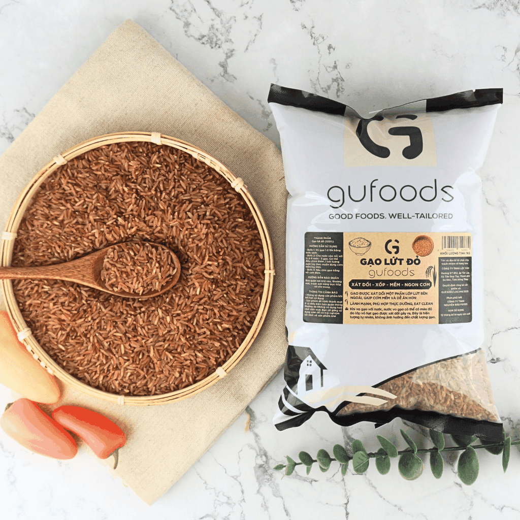 Gạo lứt đỏ GUfoods (túi 1kg) - Xát dối, Mềm xốp ngon cơm, Healthy, Thực dưỡng, Eat clean