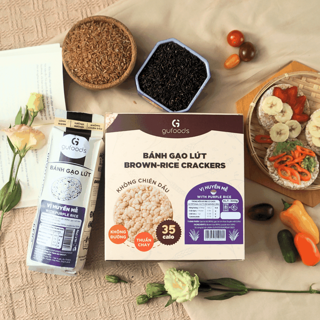 Bánh gạo lứt GUfoods vị Huyền mễ - Không chiên dầu, Không đường, Lành mạnh, Phù hợp Eat clean, Ăn vặt healthy, Thực dưỡng, Tập gym, Thuần chay
