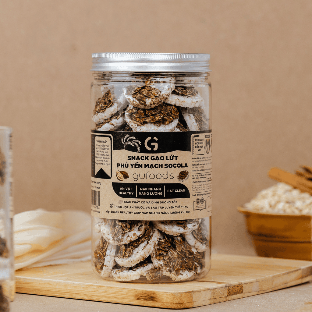 Snack gạo lứt phủ yến mạch socola GUfoods (Hũ 200g) - Nạp nhanh năng lượng, Ăn vặt healthy, Thuần chay, Eat clean