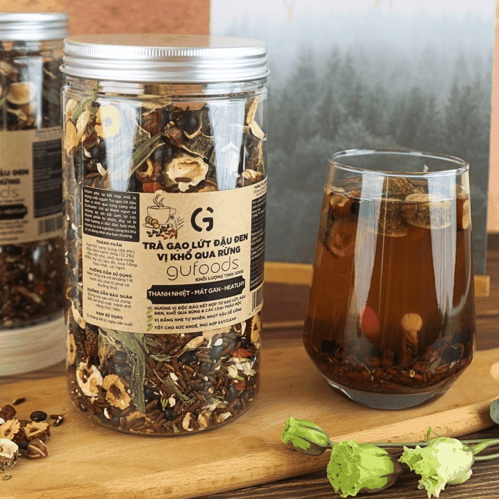 Trà gạo lứt đậu đen GUfoods vị Khổ qua rừng (Mướp đắng rừng) (hũ 500g) - Hương vị độc đáo, Giải nhiệt hiệu quả, Healthy, Eat clean
