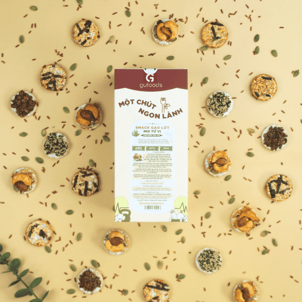 Snack gạo lứt healthy mix tứ vị GUfoods - Hội tụ 4 vị snack ngon, Nạp nhanh năng lượng, Tiện lợi, Eat clean, Thuần chay
