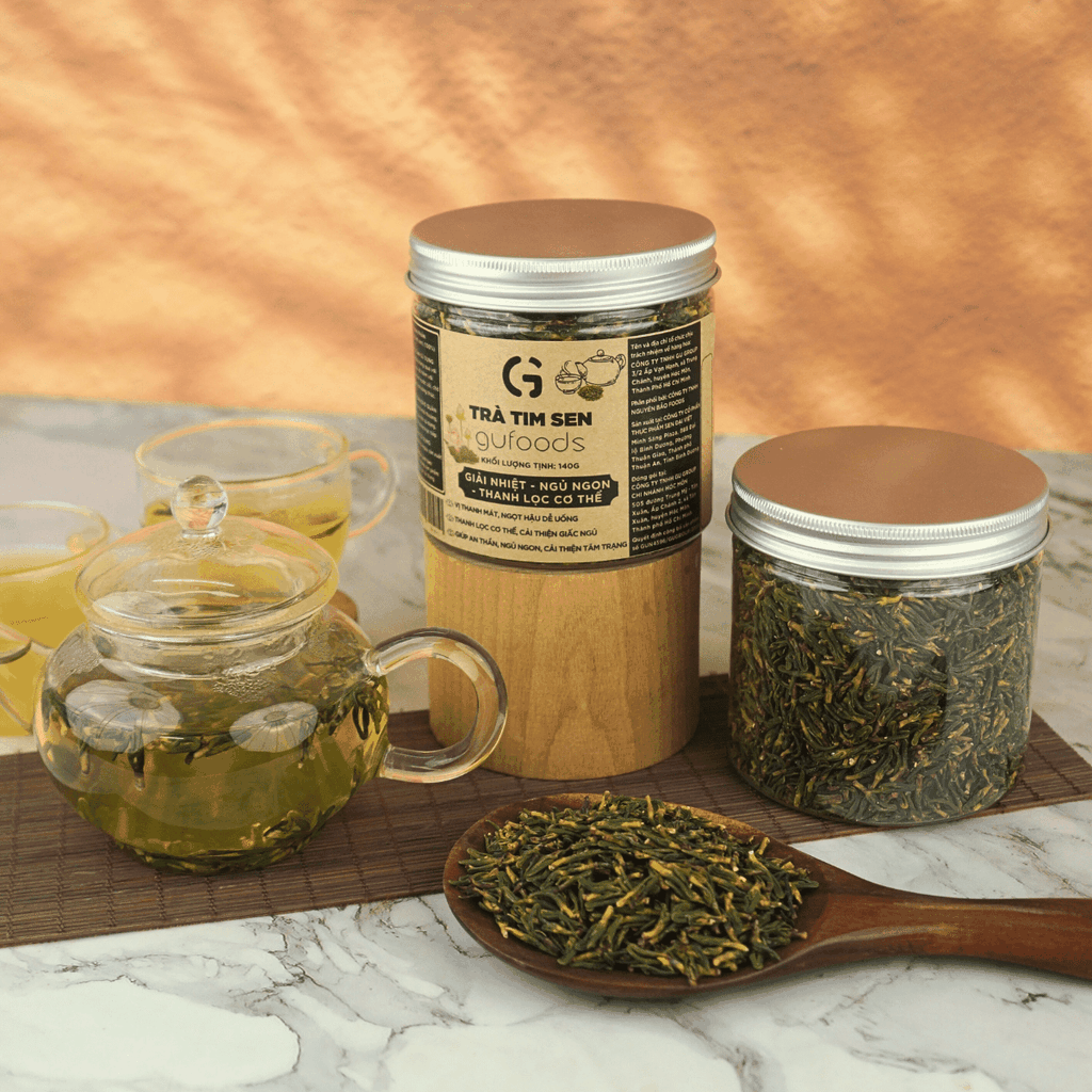Trà tim sen nguyên chất GUfoods (hũ 140g) - Thư giãn tinh thần, Cải thiện giấc ngủ, Thanh lọc cơ thể, Thanh mát, Giải nhiệt, Tốt cho sức khỏe