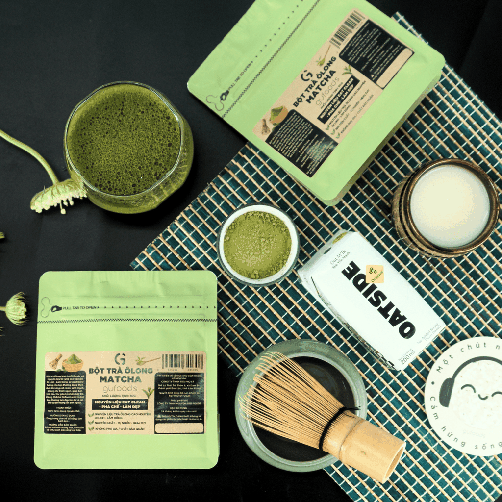 Combo pha chế Matcha latte từ OATSIDE - Pha được 9 ly thành phẩm - Gồm 9 Hộp OATSIDE 200ml + Gói 50g Bột Matcha trà Ôlong GUfoods