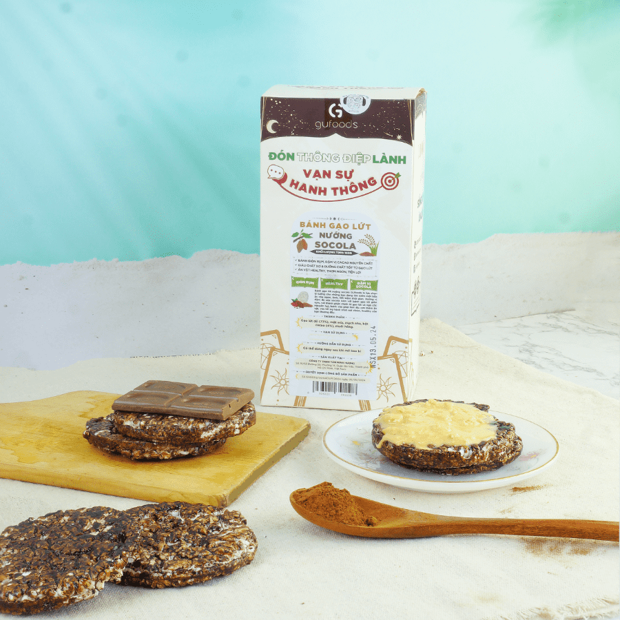 Bánh gạo lứt nướng socola GUfoods (Hộp 160g) - Giòn rụm, Đậm vị socola, Healthy, Eat clean, Ăn vặt lành mạnh