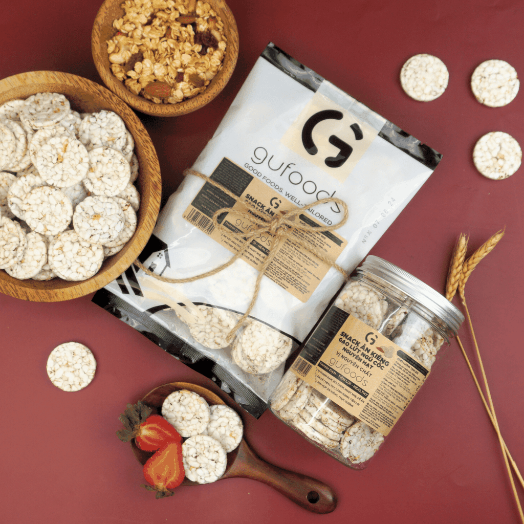 Snack gạo lứt ngũ cốc nguyên hạt GUfoods - Không đường, Không chiên dầu, Thanh đạm, Lành mạnh, Phù hợp Eat clean, Ăn vặt healthy, Tiện lợi, Thuần chay