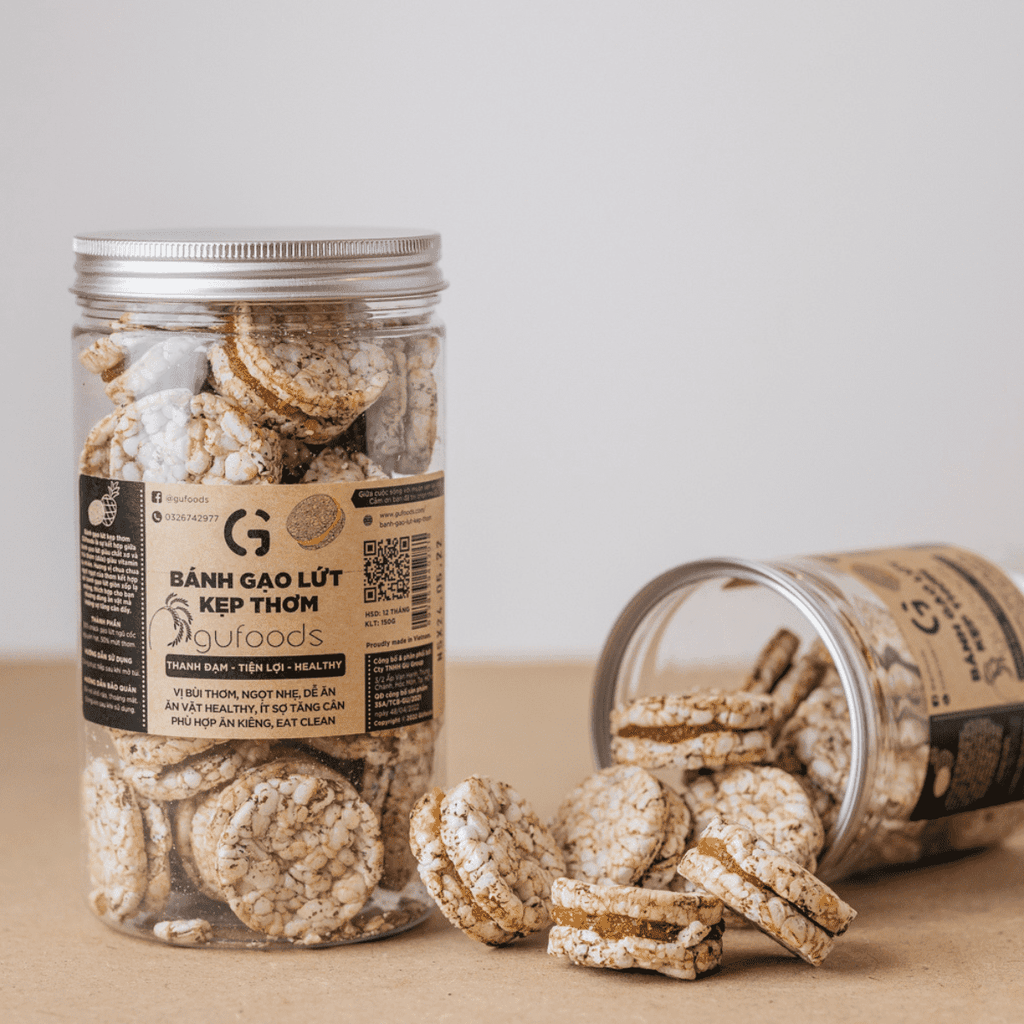 Snack gạo lứt kẹp thơm GUfoods (hũ 150g) - Chua ngọt thơm ngon, Giàu chất xơ, Snack ăn vặt healthy, Eat clean, Thuần chay