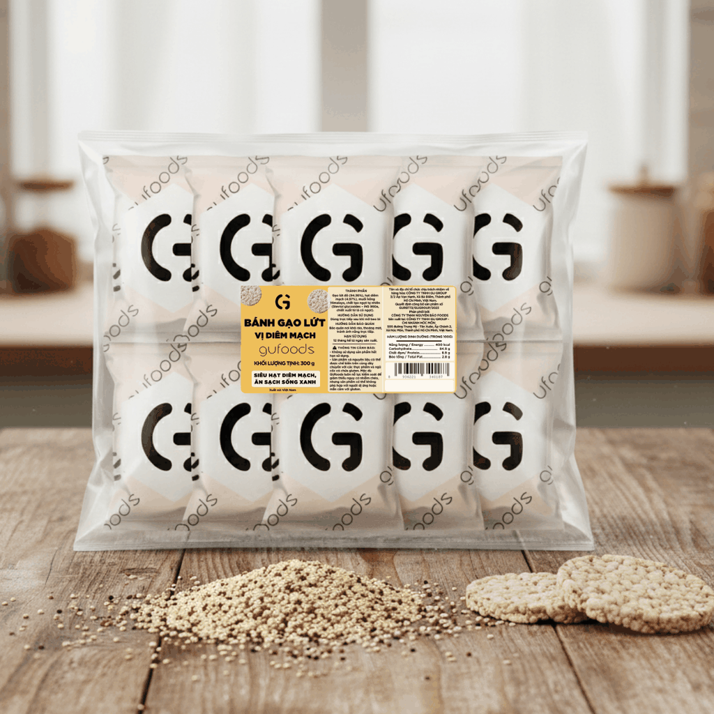 Bánh gạo lứt GUfoods vị Diêm mạch - Không chiên dầu, Không đường, Lành mạnh, Phù hợp Eat clean, Ăn vặt healthy, Thực dưỡng, Tập gym, Thuần chay