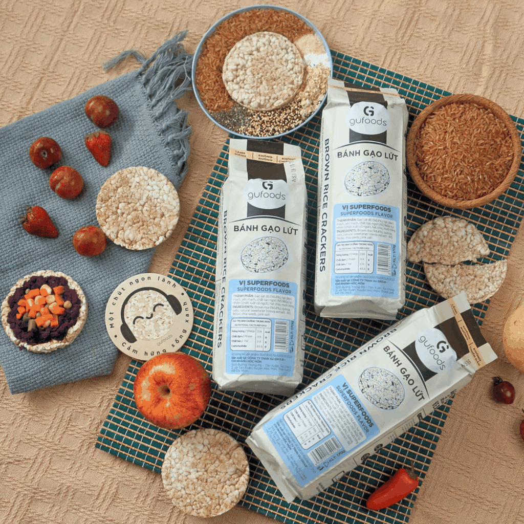 Bánh gạo lứt GUfoods vị Superfoods - Không chiên dầu, Không đường, Từ gạo và ngũ cốc nguyên hạt, Lành mạnh, Phù hợp Eat clean, Ăn vặt healthy, Thực dưỡng, Tập gym, Thuần chay