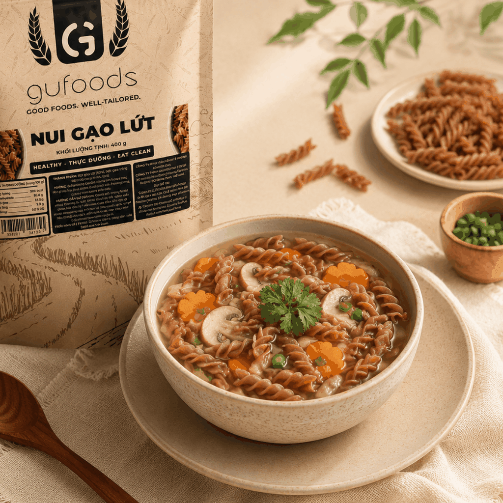 Nui gạo lứt GUfoods - Dai ngon tự nhiên, Healthy, Eat clean, Thực dưỡng, Lành mạnh, Thuần chay (túi zip 400g)