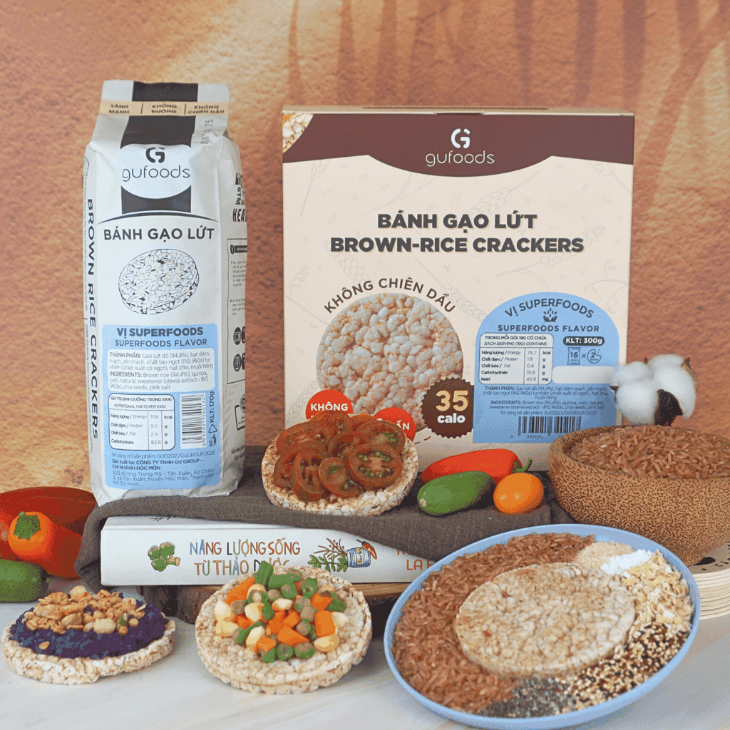 Bánh gạo lứt GUfoods vị Superfoods - Không chiên dầu, Không đường, Từ gạo và ngũ cốc nguyên hạt, Lành mạnh, Phù hợp Eat clean, Ăn vặt healthy, Thực dưỡng, Tập gym, Thuần chay
