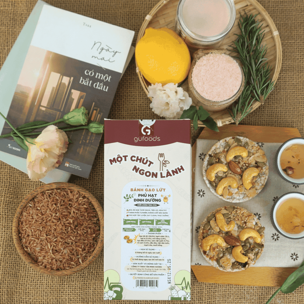 Bánh gạo lứt phủ granola siêu hạt GUfoods (Hộp 170g) - Bữa ăn nhẹ tiện lợi, Giàu dinh dưỡng, Ăn vặt healthy, Nạp nhanh năng lượng, Ăn kiêng, Eat clean, Thuần chay