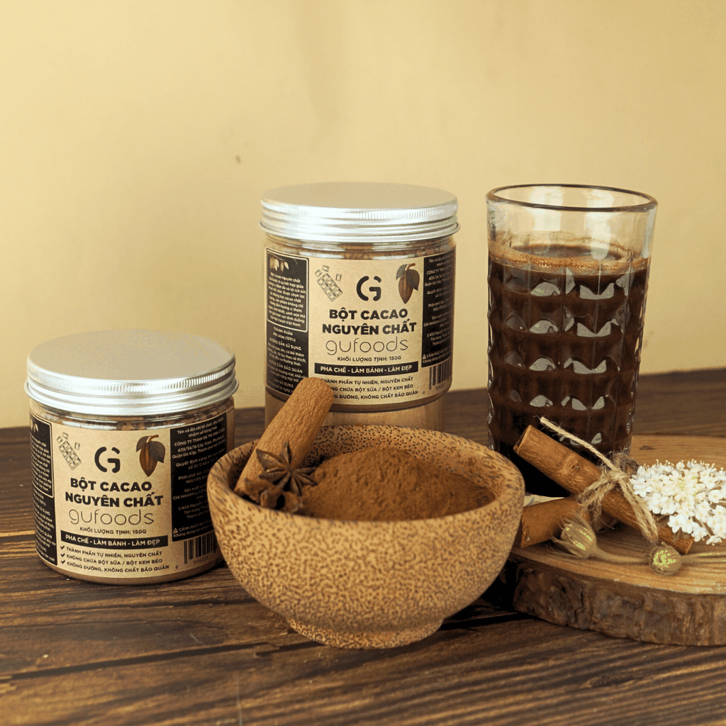 Bột cacao nguyên chất GUfoods - Thành phần tự nhiên, Không pha trộn, Eat clean, Pha chế healthy, Làm đẹp (hũ 150g)