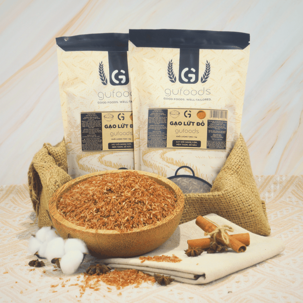 Gạo lứt đỏ GUfoods (túi 1kg) - Xát dối, Mềm xốp ngon cơm, Healthy, Thực dưỡng, Eat clean