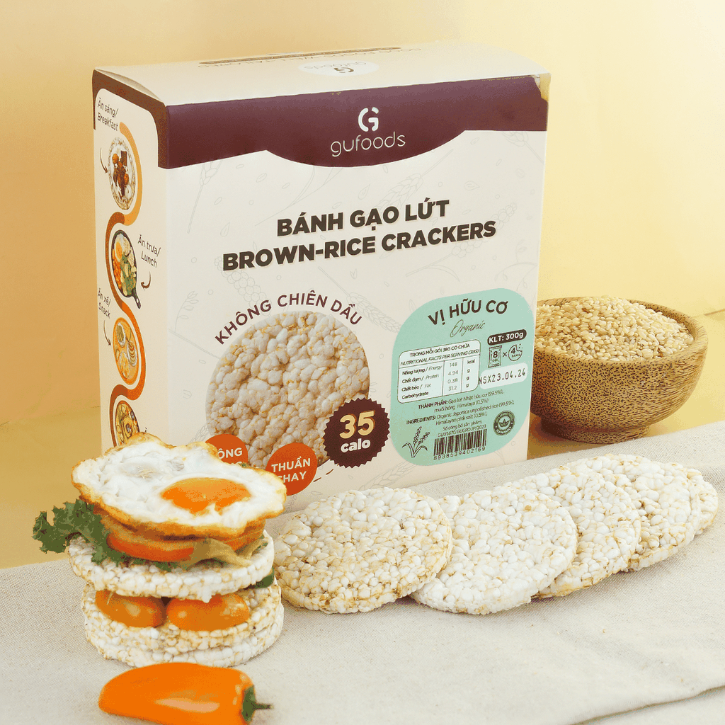 Bánh gạo lứt Hữu cơ GUfoods - Thành phần gạo lứt organic, Không đường, Không chiên dầu, Lành mạnh, Phù hợp Eat clean, Ăn vặt healthy, Thực dưỡng, Tập gym, Thuần chay
