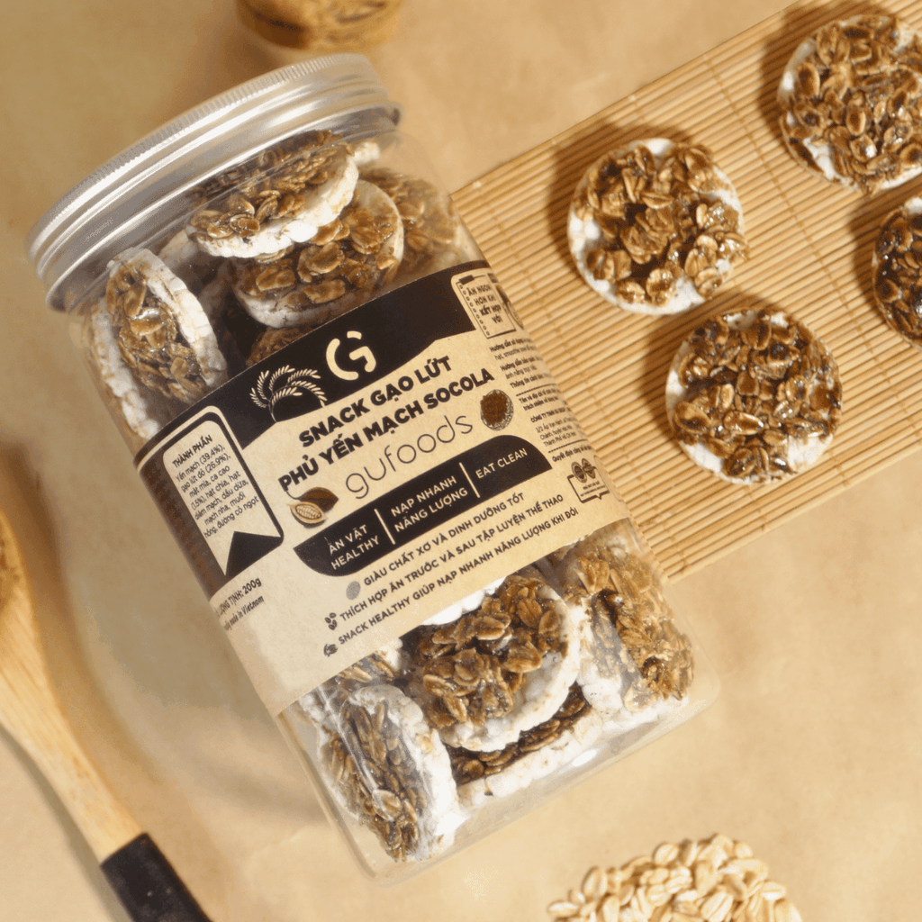 Snack gạo lứt phủ yến mạch socola GUfoods (Hũ 200g) - Nạp nhanh năng lượng, Ăn vặt healthy, Thuần chay, Eat clean
