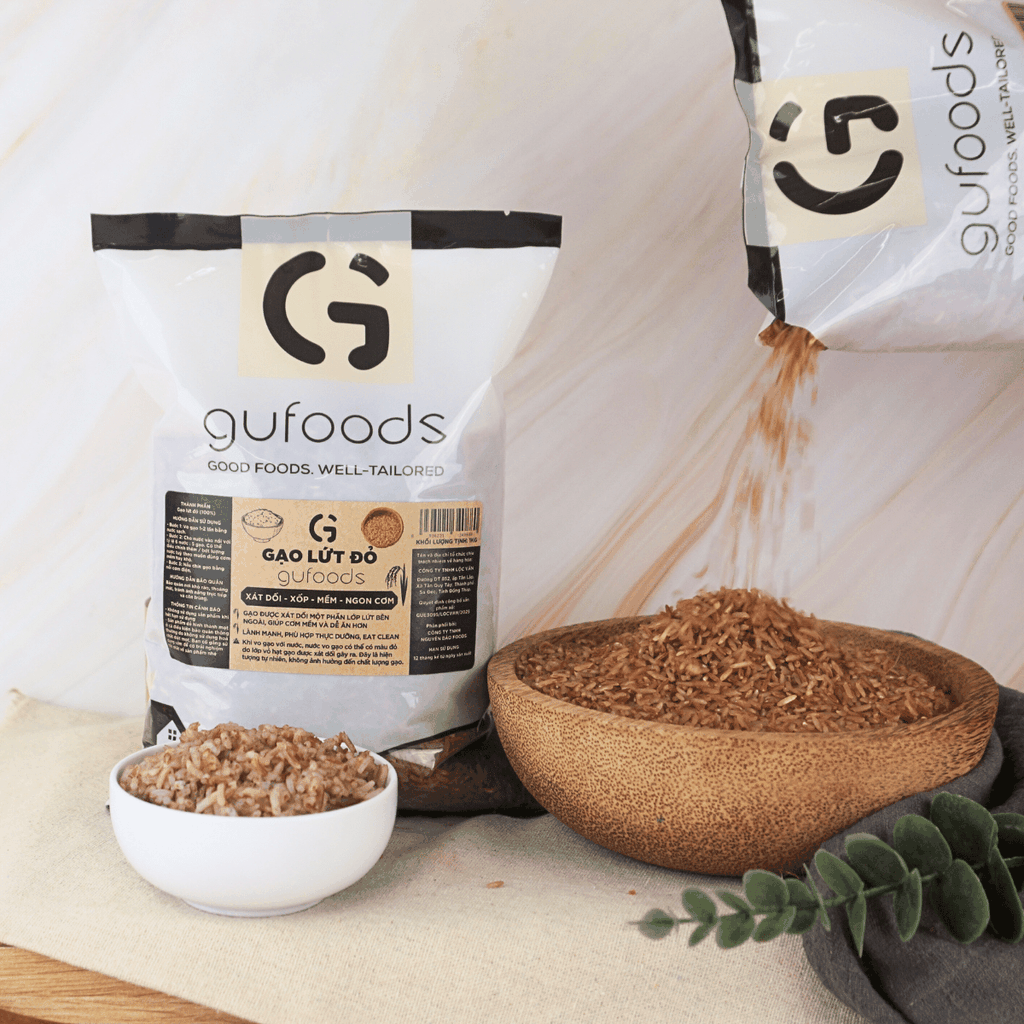 Gạo lứt đỏ GUfoods (túi 1kg) - Xát dối, Mềm xốp ngon cơm, Healthy, Thực dưỡng, Eat clean