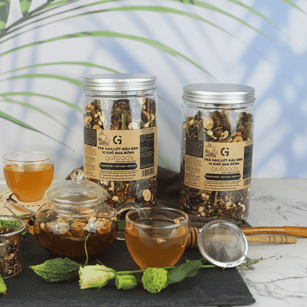 Trà gạo lứt đậu đen GUfoods vị Khổ qua rừng (Mướp đắng rừng) (hũ 500g) - Hương vị độc đáo, Giải nhiệt hiệu quả, Healthy, Eat clean